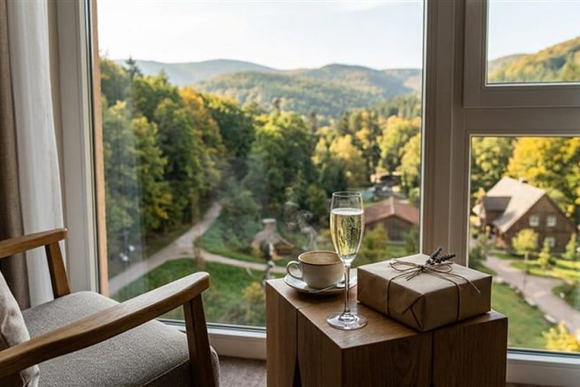 Ein Holzstuhl und ein Tisch am Fenster, darauf eine Tasse, eine Untertasse, ein Glas Sekt und ein verpacktes Geschenk; draußen bietet sich ein malerischer Blick auf Bäume und Berge.
