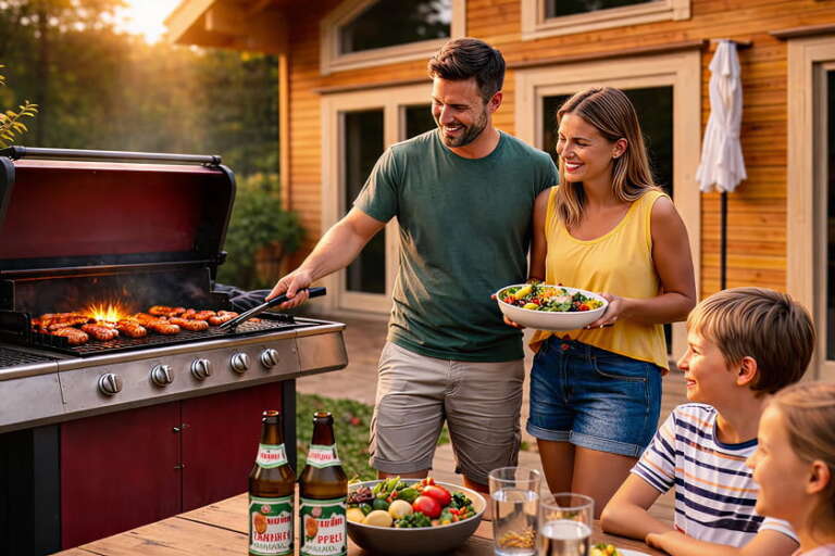 Ein Mann grillt Würstchen, während eine Frau einen Salat in der Hand hält. Zwei Kinder sitzen an einem Tisch im Freien in der Nähe eines Holzhauses, auf dem Essen und Getränke stehen.