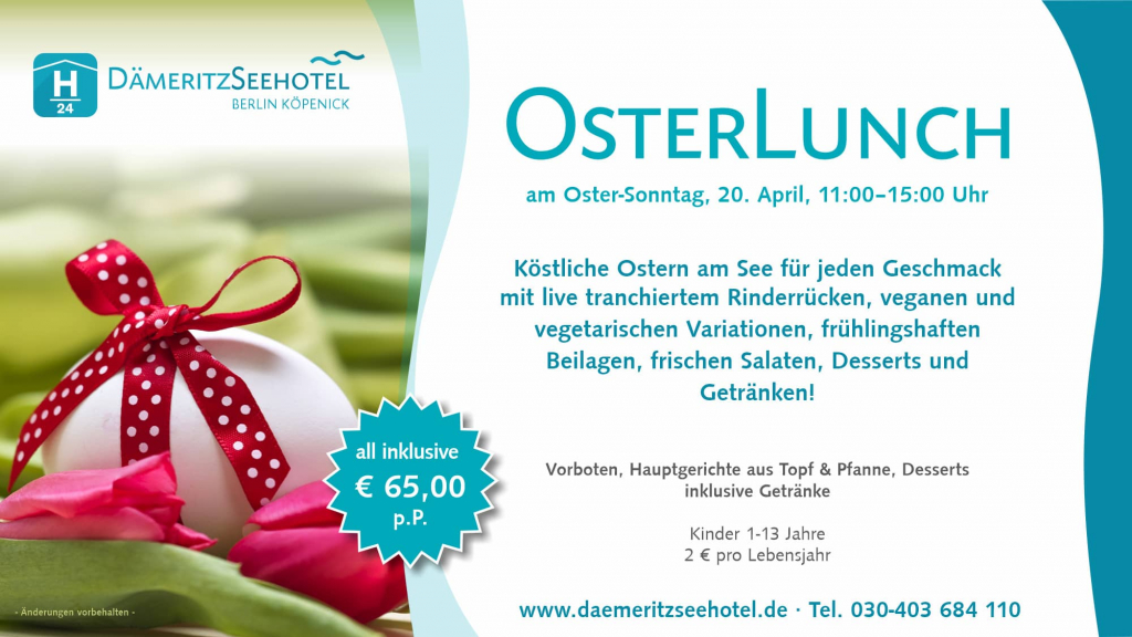 Köstliche Ostern am See für jeden Geschmack mit live tranchiertem Rinderrücken, veganen und vegetarischen Variationen, frühlingshaften Beilagen, frischen Salaten, Desserts und Getränken!