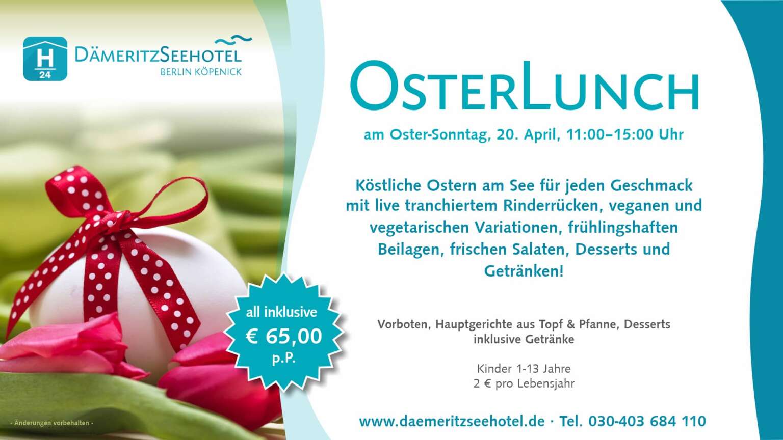 Köstliche Ostern am See für jeden Geschmack mit live tranchiertem Rinderrücken, veganen und vegetarischen Variationen, frühlingshaften Beilagen, frischen Salaten, Desserts und Getränken!