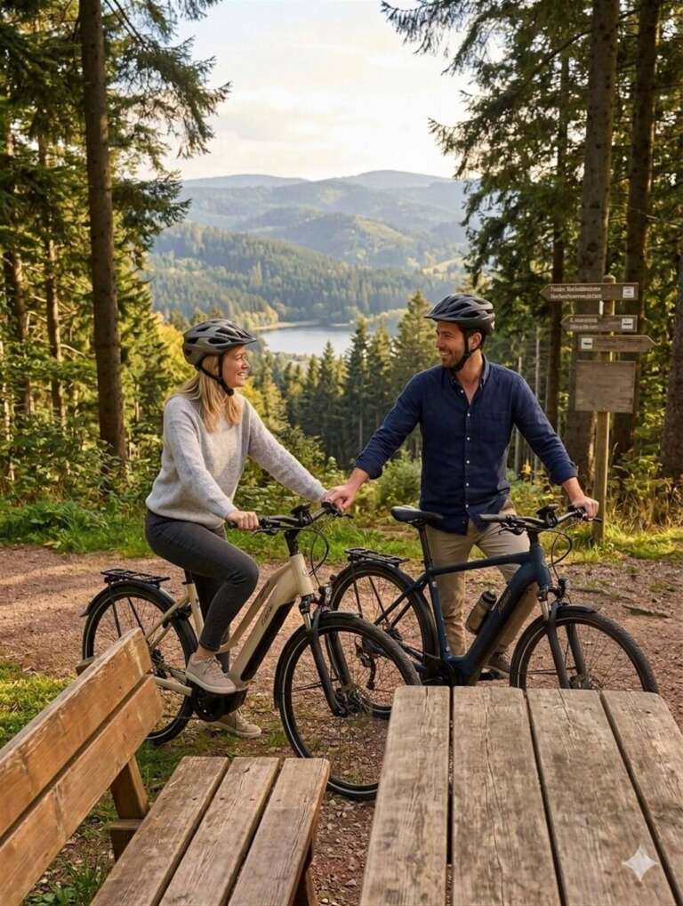 Paar mit E-Bikes an einem Aussichtspunkt mit Seeblick im Hochschwarzwald