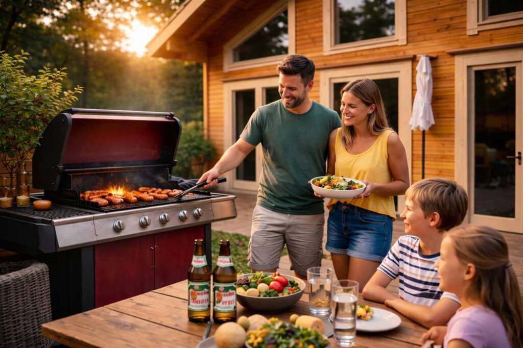 Familie beim gemeinsamen Grillabend vor einem Ferienhaus im Schwarzwald
