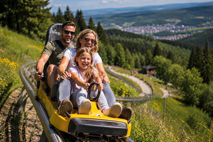 Drei Personen – zwei Erwachsene und ein Kind – fahren gemeinsam auf einer gelben Sommerrodelbahn eine Strecke den Hang hinunter, umgeben von Grün und mit Blick auf den Wald in der Ferne.