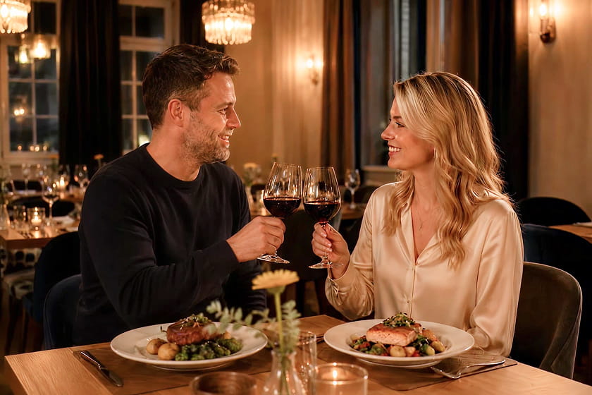 Ein Mann und eine Frau sitzen an einem Tisch in einem Restaurant, stoßen mit ihren Weingläsern an und lächeln, während vor ihnen die fertig angerichteten Gerichte stehen.