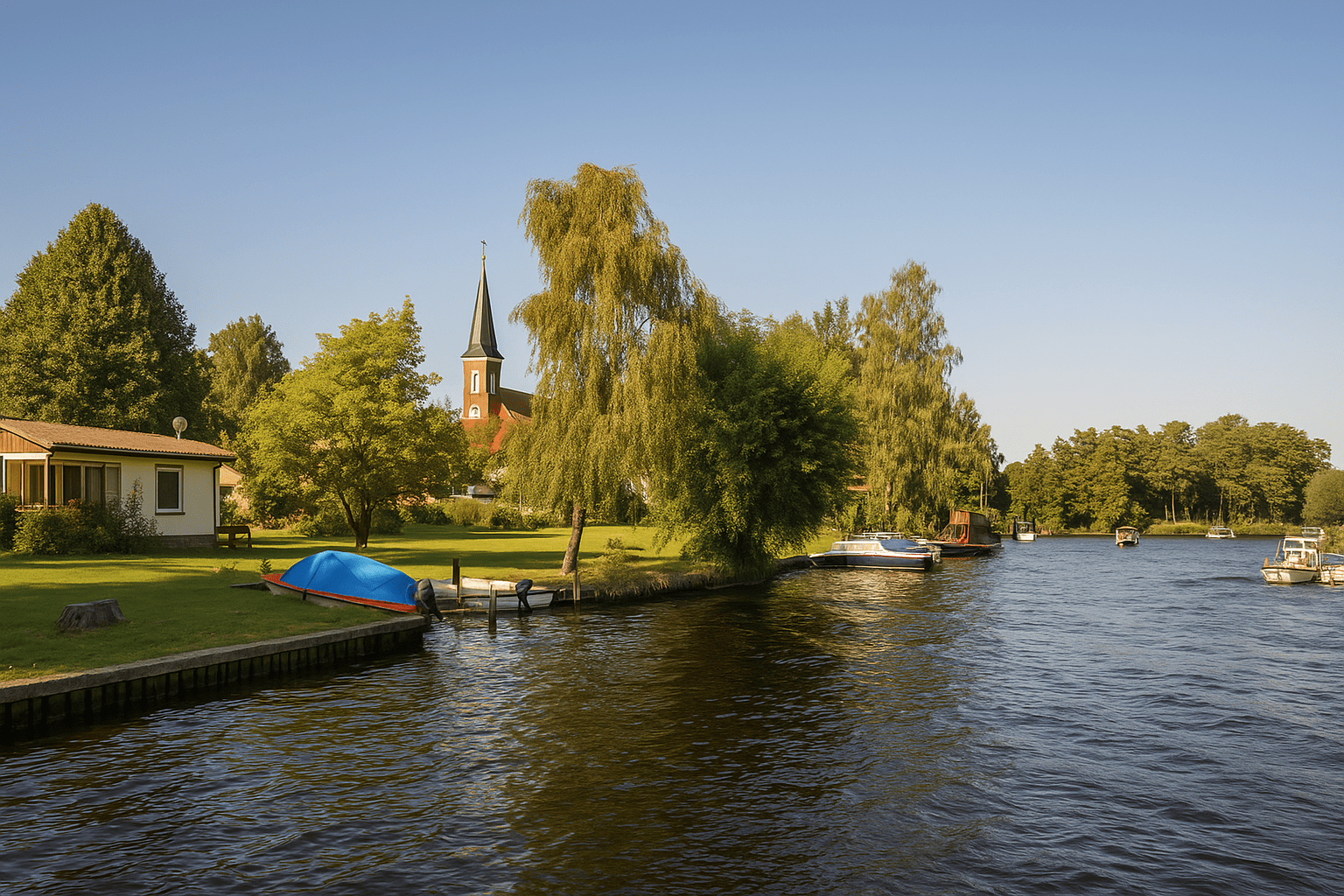 Ein ruhiger Fluss mit Booten, ein grasbewachsenes Ufer mit Bäumen und Häusern und der Kirchturm des Alten Fischerdorfes Rahnsdorf, der sich unter einem klaren blauen Himmel erhebt.