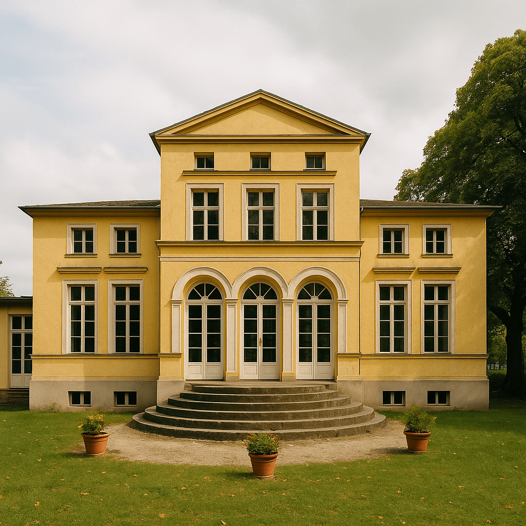 Ein gelbes, neoklassizistisches Gebäude mit gewölbten Fenstern und Türen, Steinstufen, die zum Eingang führen, und Topfpflanzen auf einer Rasenfläche.