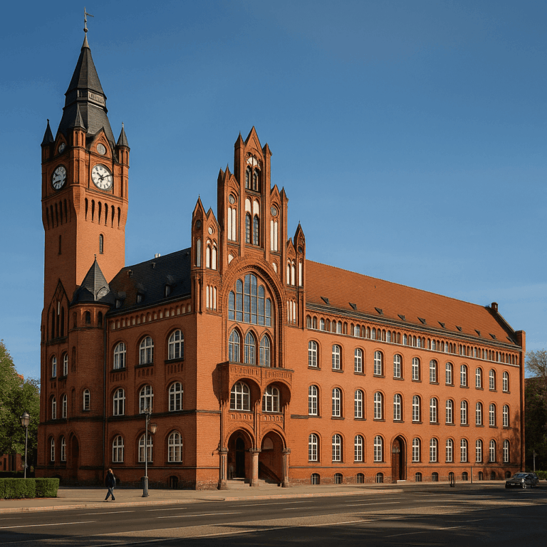 Das Rathaus Köpenick, ein großes Gebäude aus rotem Backstein mit einem hohen Uhrenturm, Spitzbögen und dekorativen Fenstern, steht stolz neben einer Straße unter einem klaren blauen Himmel.