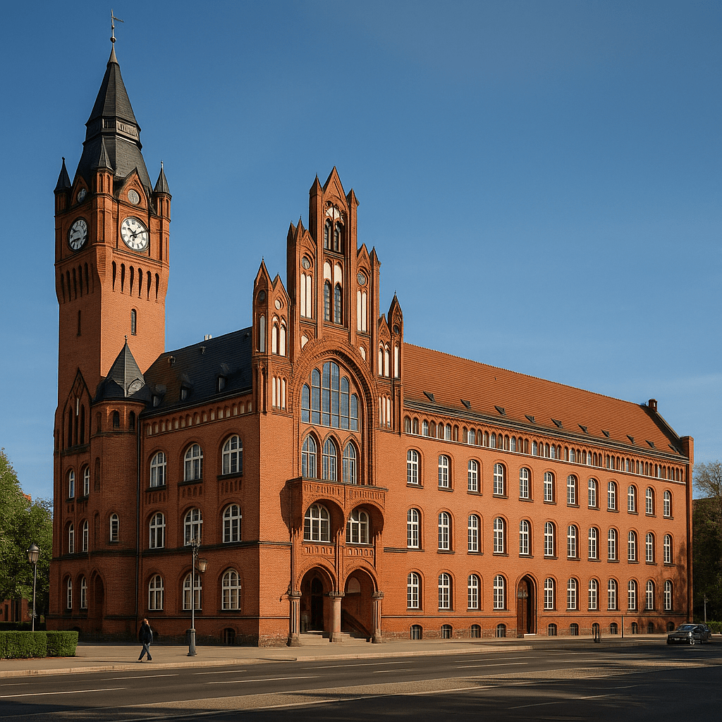 Das Rathaus Köpenick, ein großes Gebäude aus rotem Backstein mit einem hohen Uhrenturm, Spitzbögen und dekorativen Fenstern, steht stolz neben einer Straße unter einem klaren blauen Himmel.