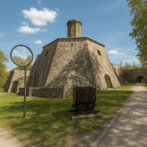 Eine historische Steinfestung mit zentralem Schornstein, ein ausgestellter schwarzer Bergbauwagen und ein kreisförmiger Metallwegweiser säumen den Weg im Rüdersdorfer Museumspark unter einem hellen, teilweise bewölkten Himmel.