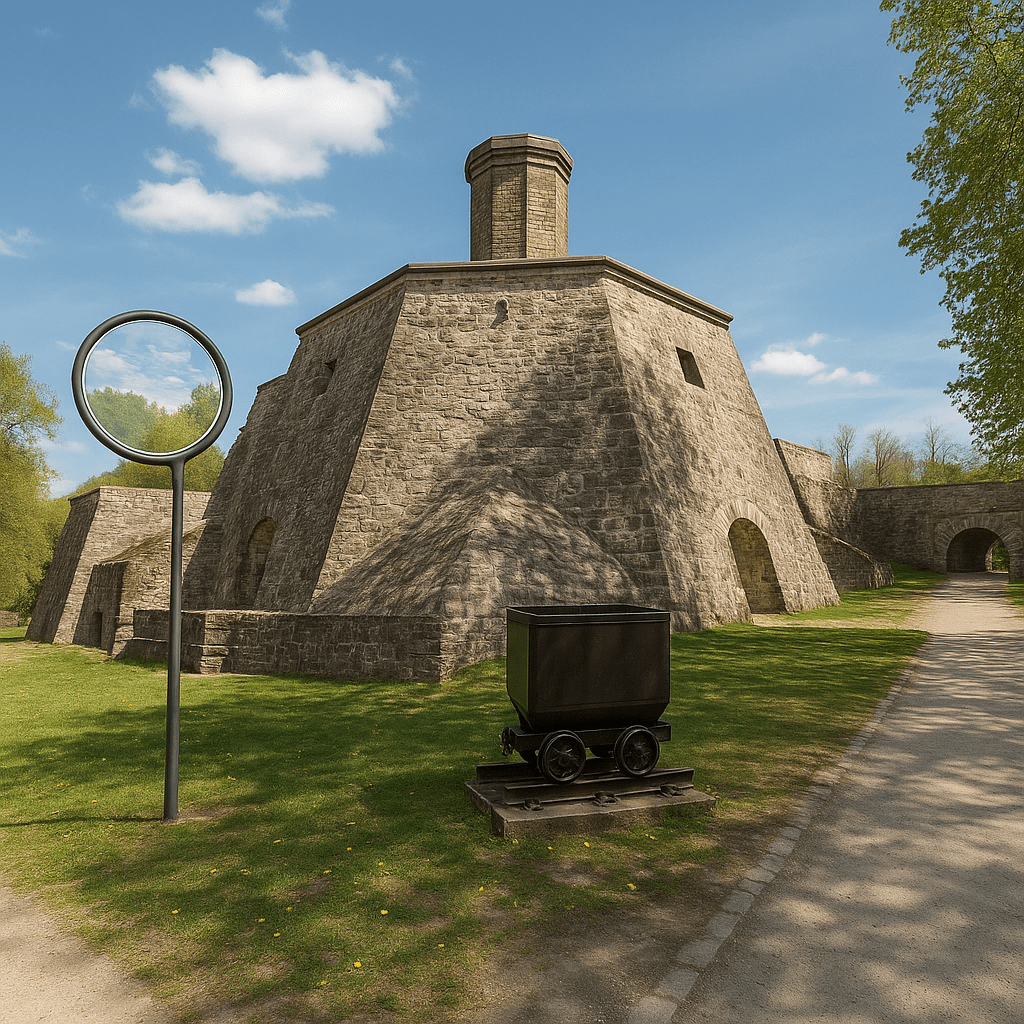 Eine historische Steinfestung mit zentralem Schornstein, ein ausgestellter schwarzer Bergbauwagen und ein kreisförmiger Metallwegweiser säumen den Weg im Rüdersdorfer Museumspark unter einem hellen, teilweise bewölkten Himmel.