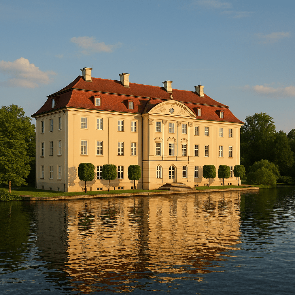 Ein großes, helles Schloss mit rotem Dach, das Schloss Köpenick, liegt am Wasser und spiegelt sich in der ruhigen Oberfläche unter einem klaren Himmel.