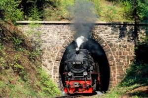 Schwarze Dampflokomotive der Harzer Schmalspurbahnen fährt aus einem steinernen Tunnel im grünen Mittelgebirge.