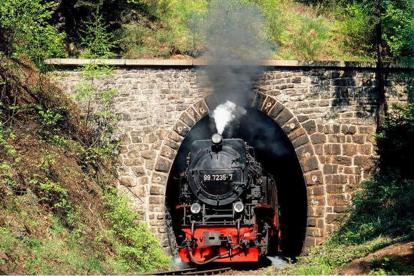 Schwarze Dampflokomotive der Harzer Schmalspurbahnen fährt aus einem steinernen Tunnel im grünen Mittelgebirge.