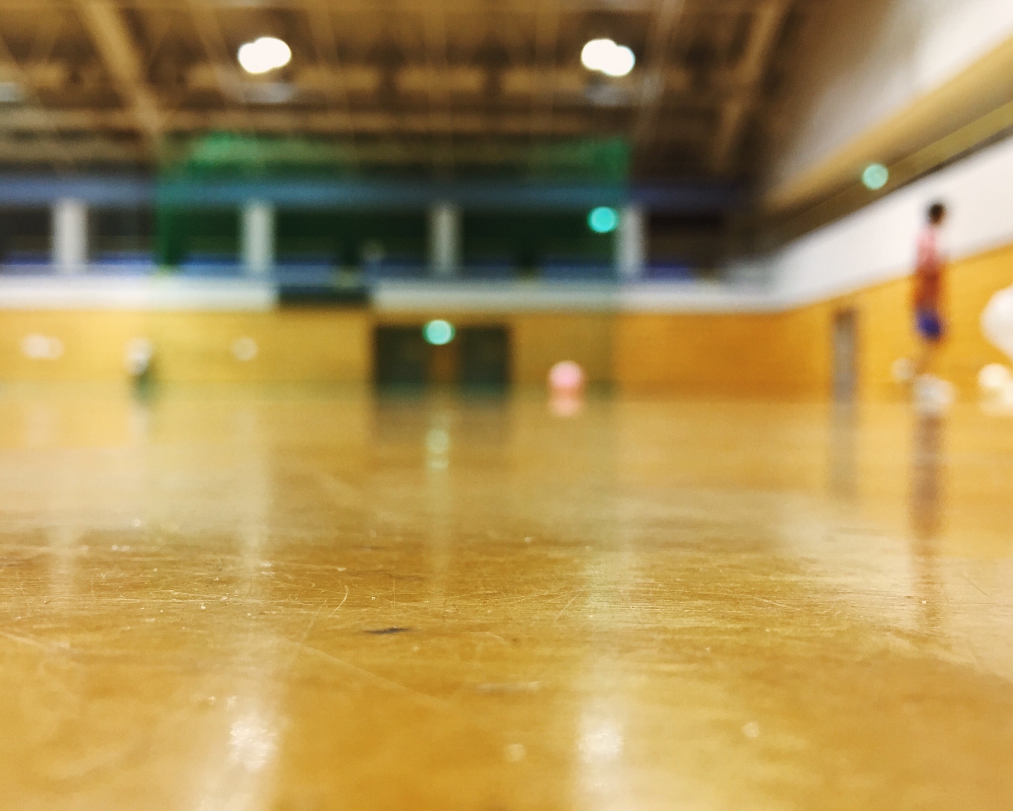 Turnhalle mit glänzendem Holzboden, unscharfem Hintergrund aus Wand und Decke und ein paar undeutlichen Figuren an den Rändern.