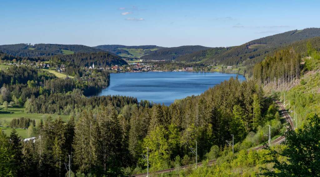 Blick über den Titisee im Schwarzwald bei Hinterzarten, umgeben von bewaldeten Hügeln und grüner Landschaft