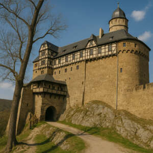 Die Burg Falkenstein im Harz, mit Fachwerkoberteilen, liegt auf einem felsigen Hügel, mit einem Eingangstor und einem hohen Baum im Vordergrund unter einem klaren blauen Himmel.
