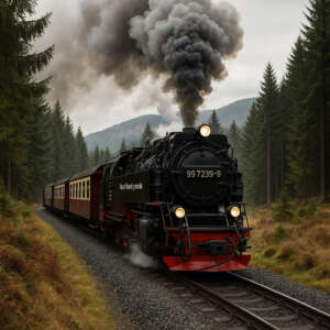 Eine schwarze Dampflokomotive, in diesem Fall die Harzer Schmalspurbahn, mit der Nummer 99 7239-9 zieht an einem wolkenverhangenen Tag Personenwagen und stößt dabei dichten Rauch aus.