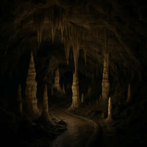 Im schwach beleuchteten Inneren der Rübeländer Tropfsteinhöhlen sind von der Decke hängende Stalaktiten und vom Boden aufsteigende Stalagmiten zu sehen.