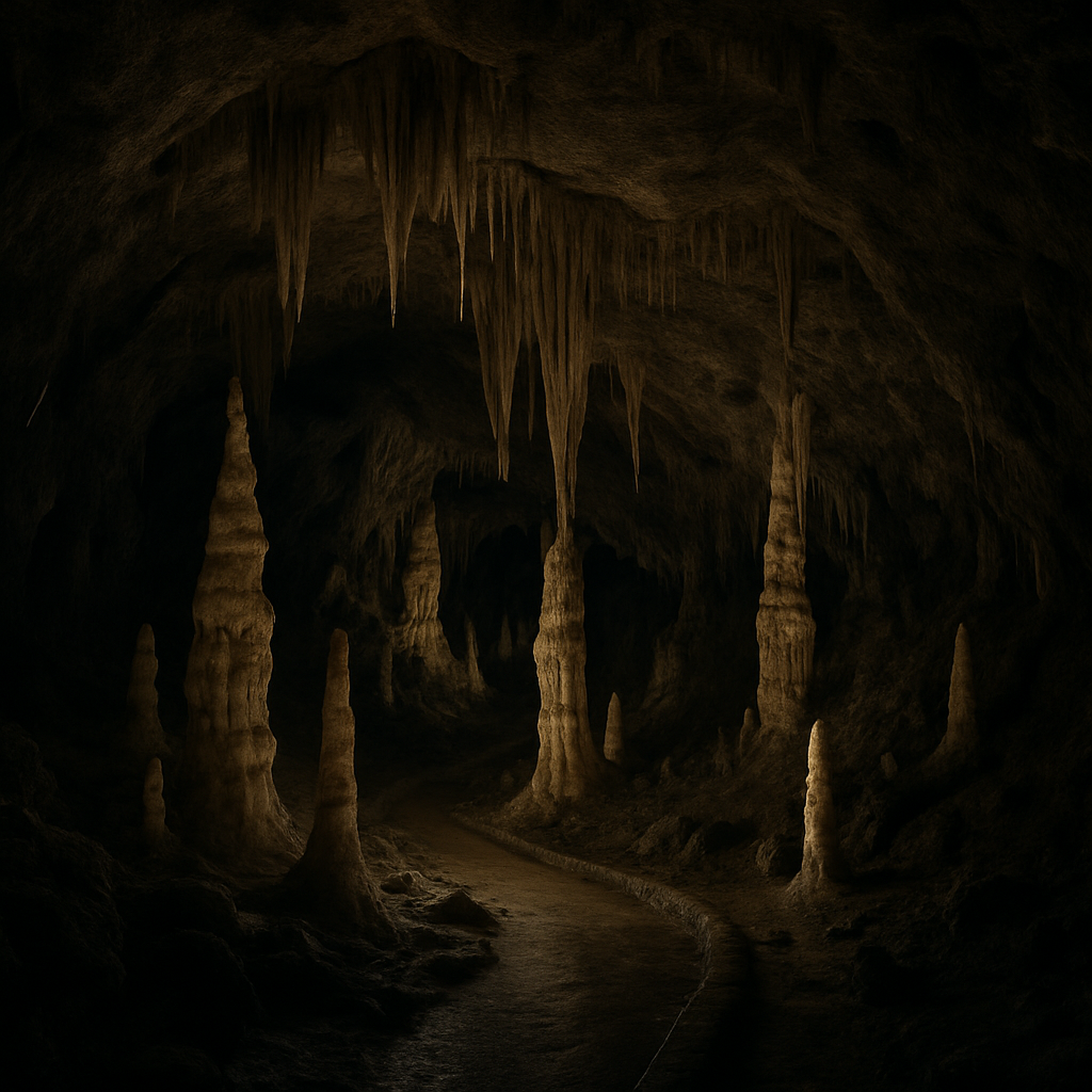 Im schwach beleuchteten Inneren der Rübeländer Tropfsteinhöhlen sind von der Decke hängende Stalaktiten und vom Boden aufsteigende Stalagmiten zu sehen.