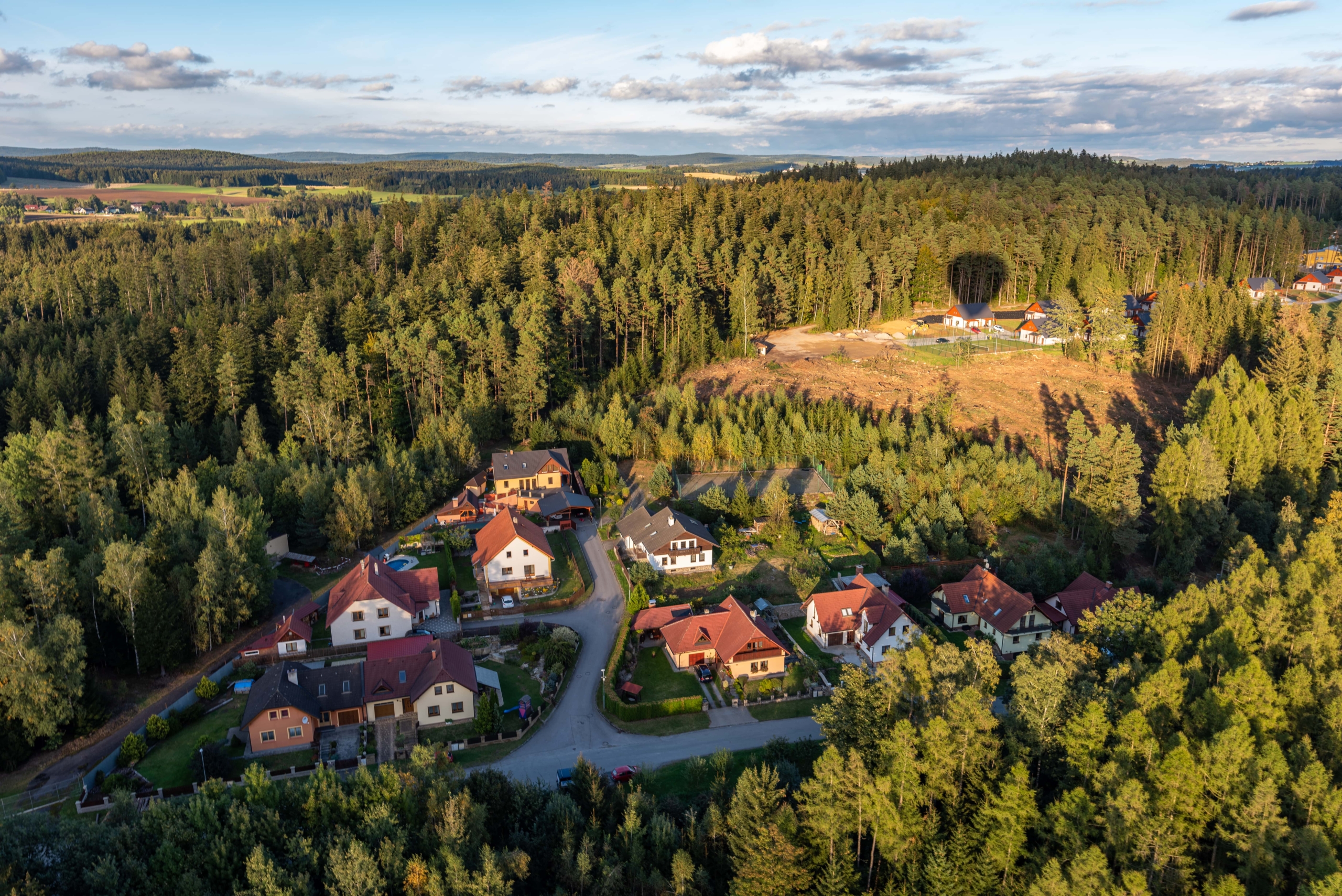 Luftaufnahme der Ferienhäuser vom H24 Hotel in Thale, umgeben von Wald, mit dem Schatten eines Heißluftballons, der auf den Bäumen und dem Boden sichtbar ist.