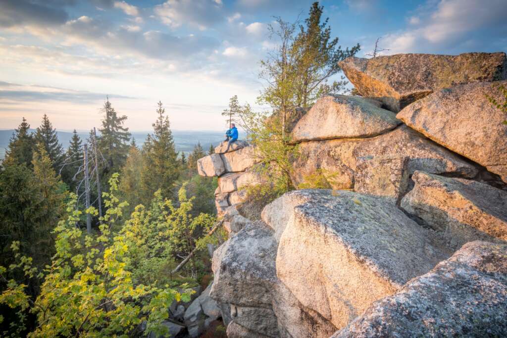 Eine Person in einer blauen Jacke sitzt auf einem von Bäumen umgebenen Felsvorsprung und überblickt eine bewaldete Landschaft im Harz bei Thale unter einem teilweise bewölkten Himmel.