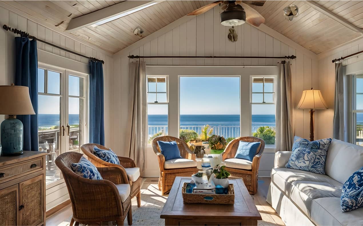 Helles Wohnzimmer mit Meerblick, Korbmöbeln und maritimer Einrichtung.