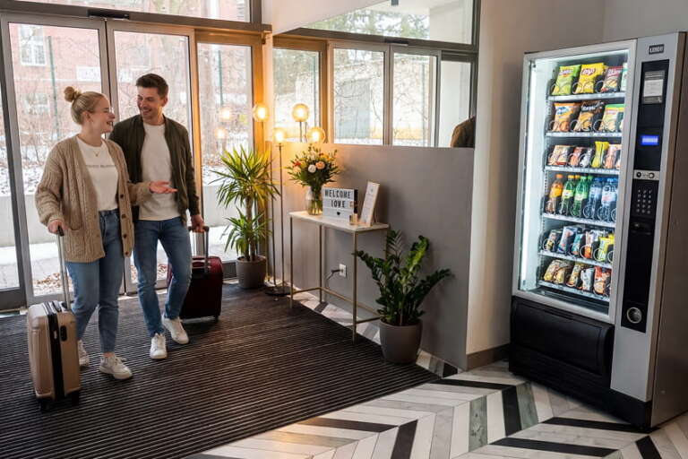 Zwei Personen mit Koffern gehen an einem Automaten in der Lobby eines modernen Gebäudes vorbei, in der Pflanzen stehen und ein Willkommensschild hängt.