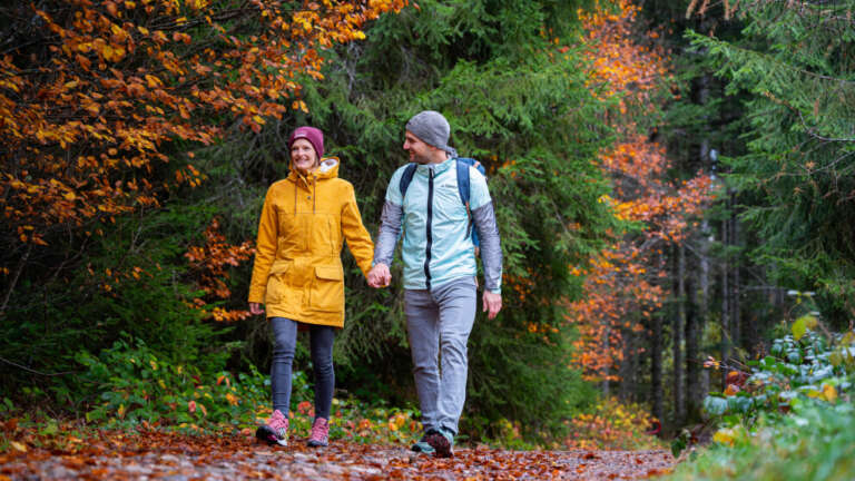 Paar hält Händchen und geht lächelnd über einen herbstlichen Waldweg, umgeben von bunt gefärbtem Laub und Nadelbäumen.