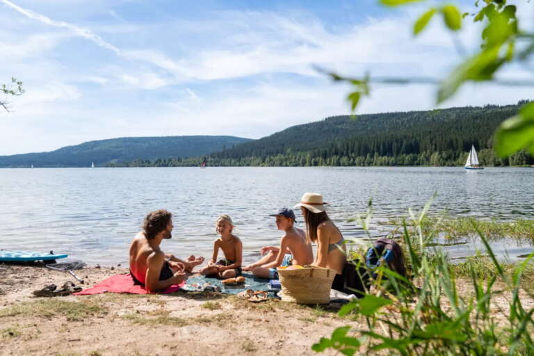 Vier Personen sitzen an einem Strand in der Nähe eines Sees und genießen ein Picknick. Im Hintergrund bieten bewaldete Hügel und ein Segelboot einen malerischen Anblick unter blauem Himmel - nur wenige Augenblicke vom Hotel Hochfirst entfernt.