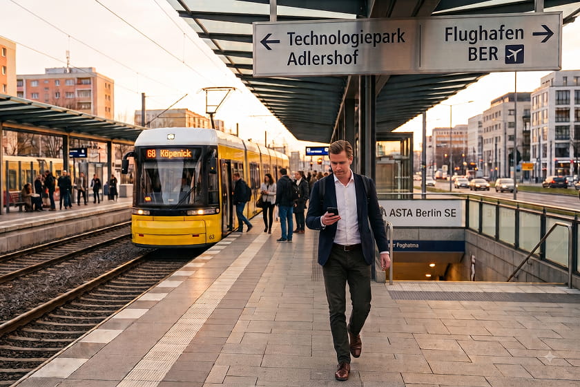 Ein Mann geht auf dem Bahnsteig einer Stadtstraßenbahn entlang und schaut auf sein Handy, während eine gelbe Straßenbahn hält und mehrere Menschen warten. Schilder über den Köpfen weisen in Richtung Technologiepark Adlershof und Flughafen BER.