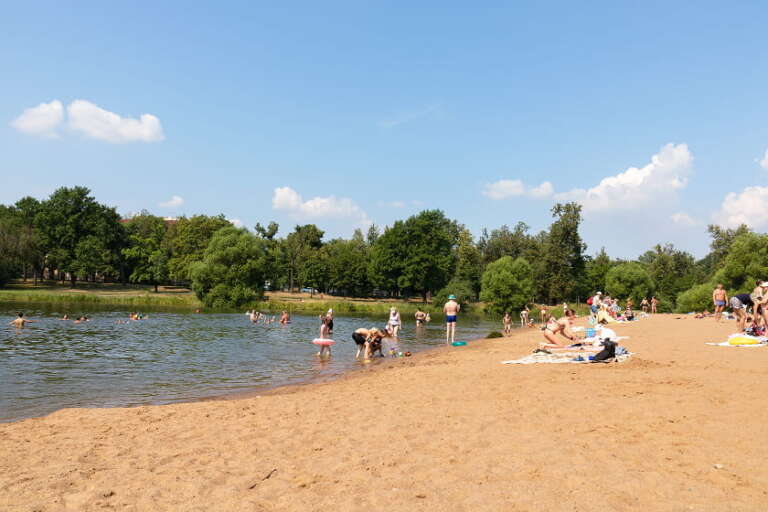 An einem sonnigen Tag schwimmen Menschen in einem See und entspannen sich an einem Sandstrand, im Hintergrund sind Bäume und viel Grün zu sehen.