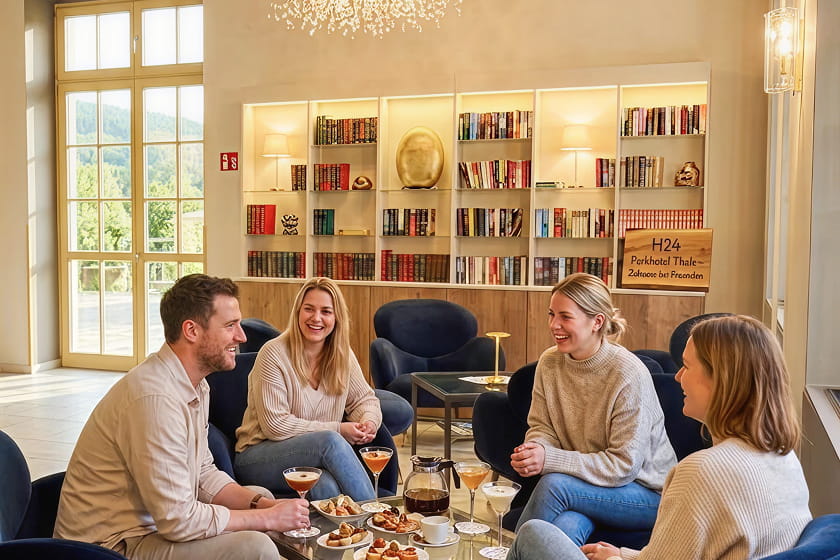 Vier Personen sitzen mit Getränken und Snacks um einen Couchtisch herum und unterhalten sich in einer gemütlichen Lounge, im Hintergrund sind Bücherregale zu sehen.